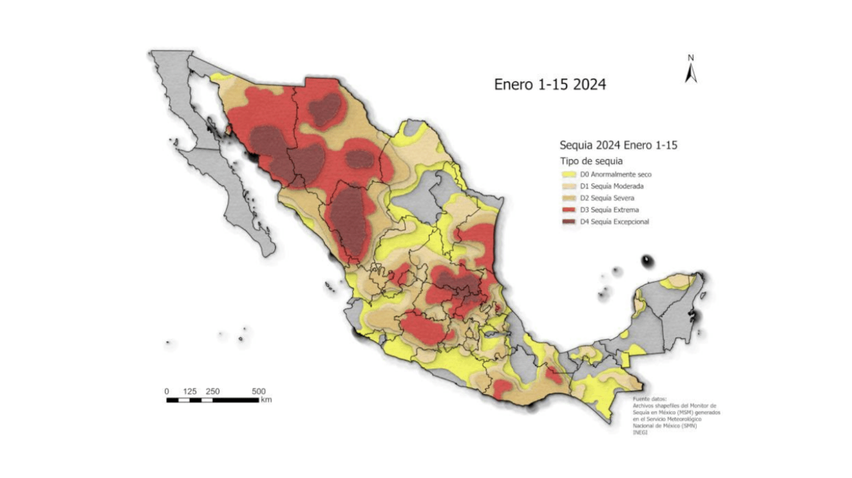 Mapa de severidad de sequía en México del 1 al 15 de enero de 2024. Las zonas en rojo y café muestran niveles de sequía severa, extrema y excepcional, afectando principalmente al norte, centro y sur del país. (Fuente: Servicio Meteorológico Nacional (SMN) con datos de INEGI. Mapa: GIS CIMMYT)